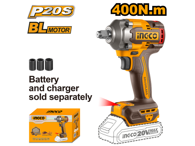 LLAVE DE IMPACTO A BATERIA 400NM 20V P20S SIN BAT SIN CARG INGCO CIWLI20401