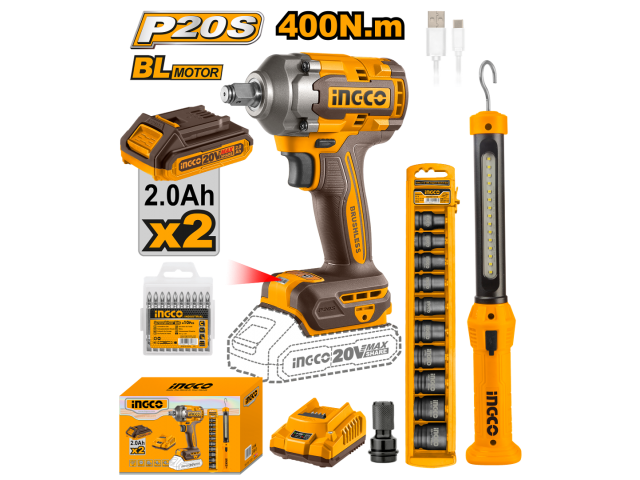 SUPER COMBO A BATERIA LLAVE DE IMPACTO 400NM 20V + LINTERNA RECARGABLE + DADOS IMPACTO COSLI23048