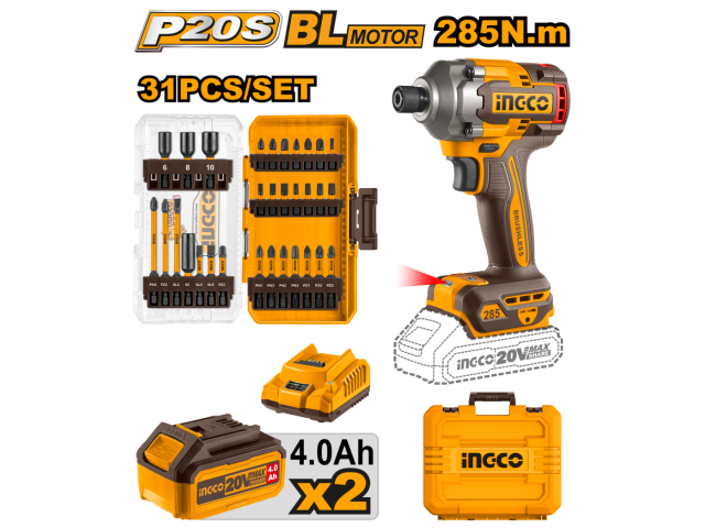 ATORNILLADOR DE IMPACTO 285NM 20V BATERIA P20S + JUEGO 31 PUNTAS Y DADOS C BAT Y VALIJA INGCO COSLI240966