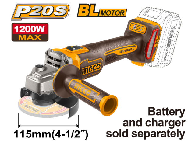 AMOLADORA ANGULAR 4½" 115MM A BAT 20V P20S 1200W BRUSHLESS MOTOR INGCO CAGLI221153