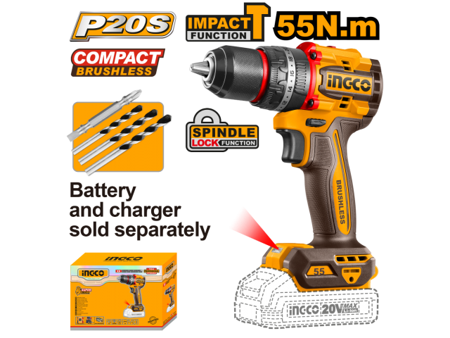 TALADRO ATORNILLADOR C/PERCUTOR A BATERIA 20V P20S BRUSHLESS 55NM CON ACCESORIOS, S/BAT Y S/CARG INGCO CIDLI205581